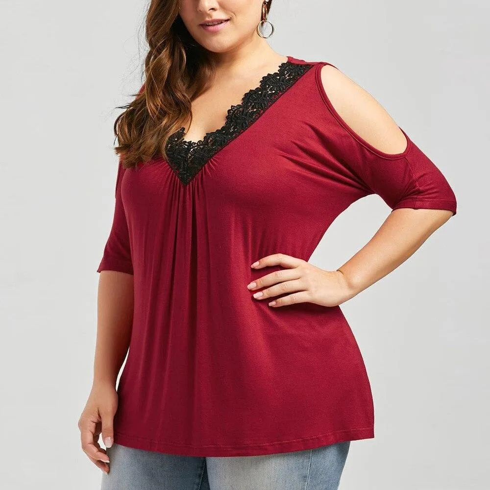 Plus Size Lace Trim V-Neck Loose Cold Shoulder Top