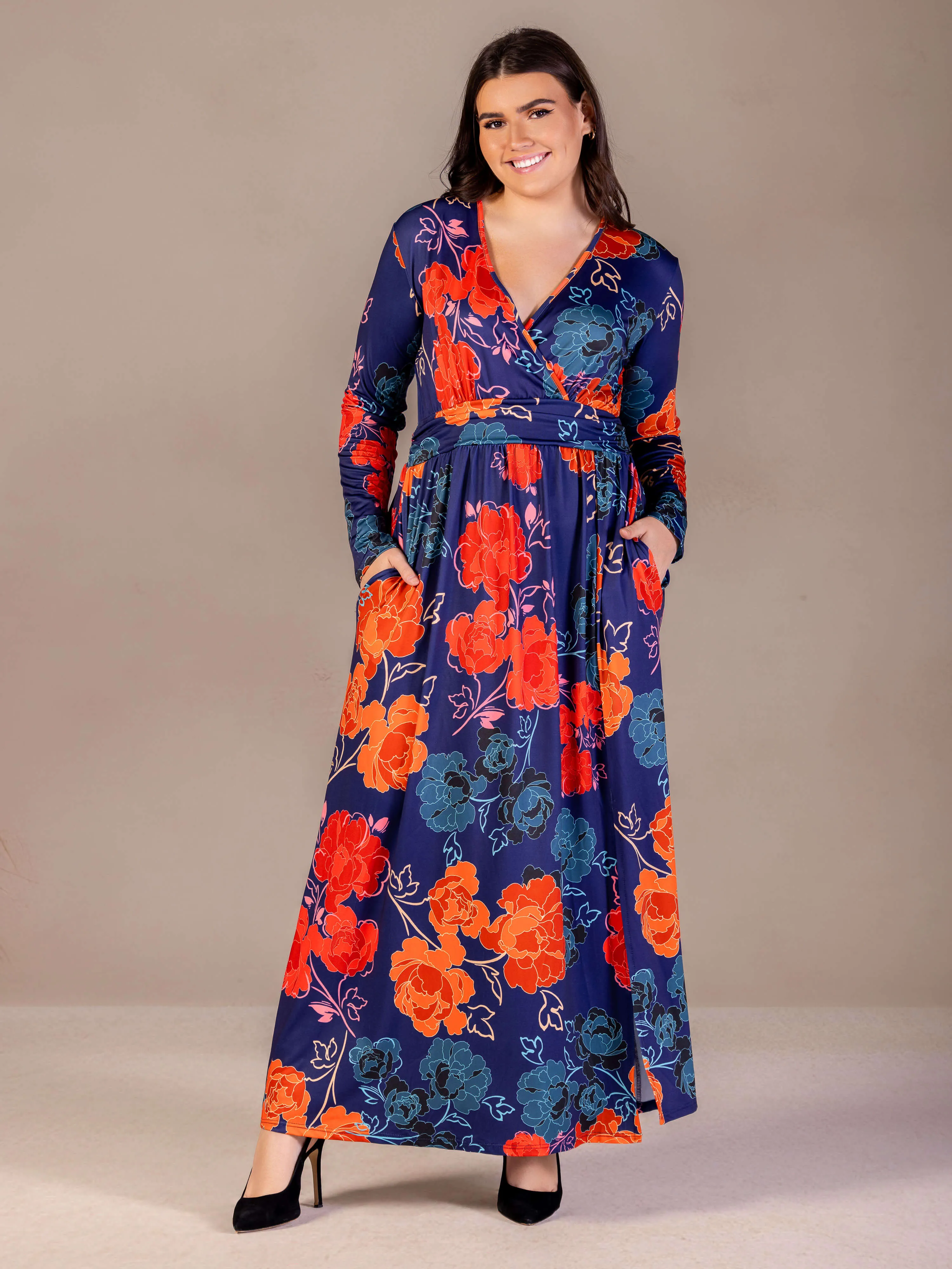 Plus Size Navy Floral Print Long Sleeve Side Slit Maxi Dress