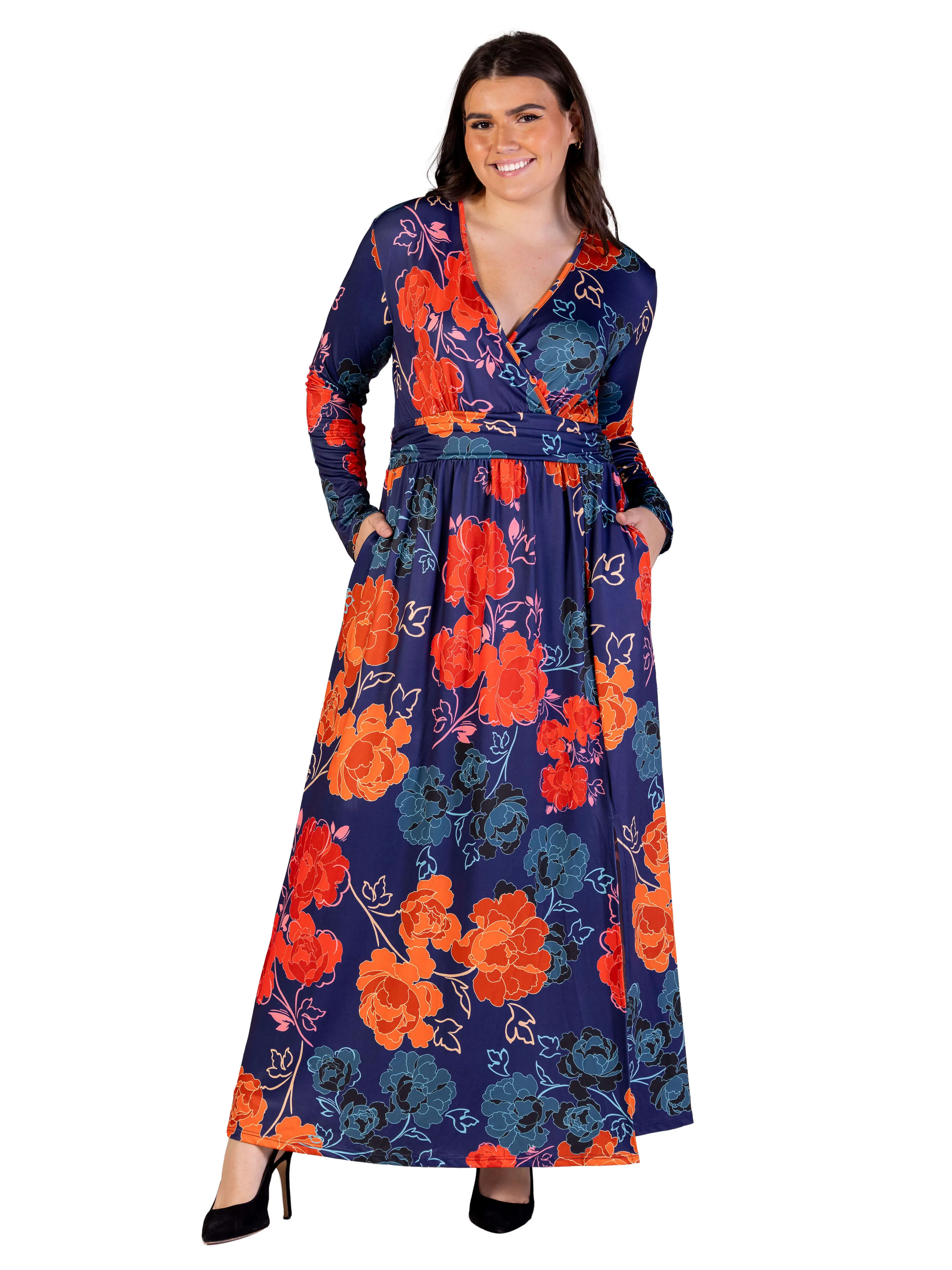 Plus Size Navy Floral Print Long Sleeve Side Slit Maxi Dress