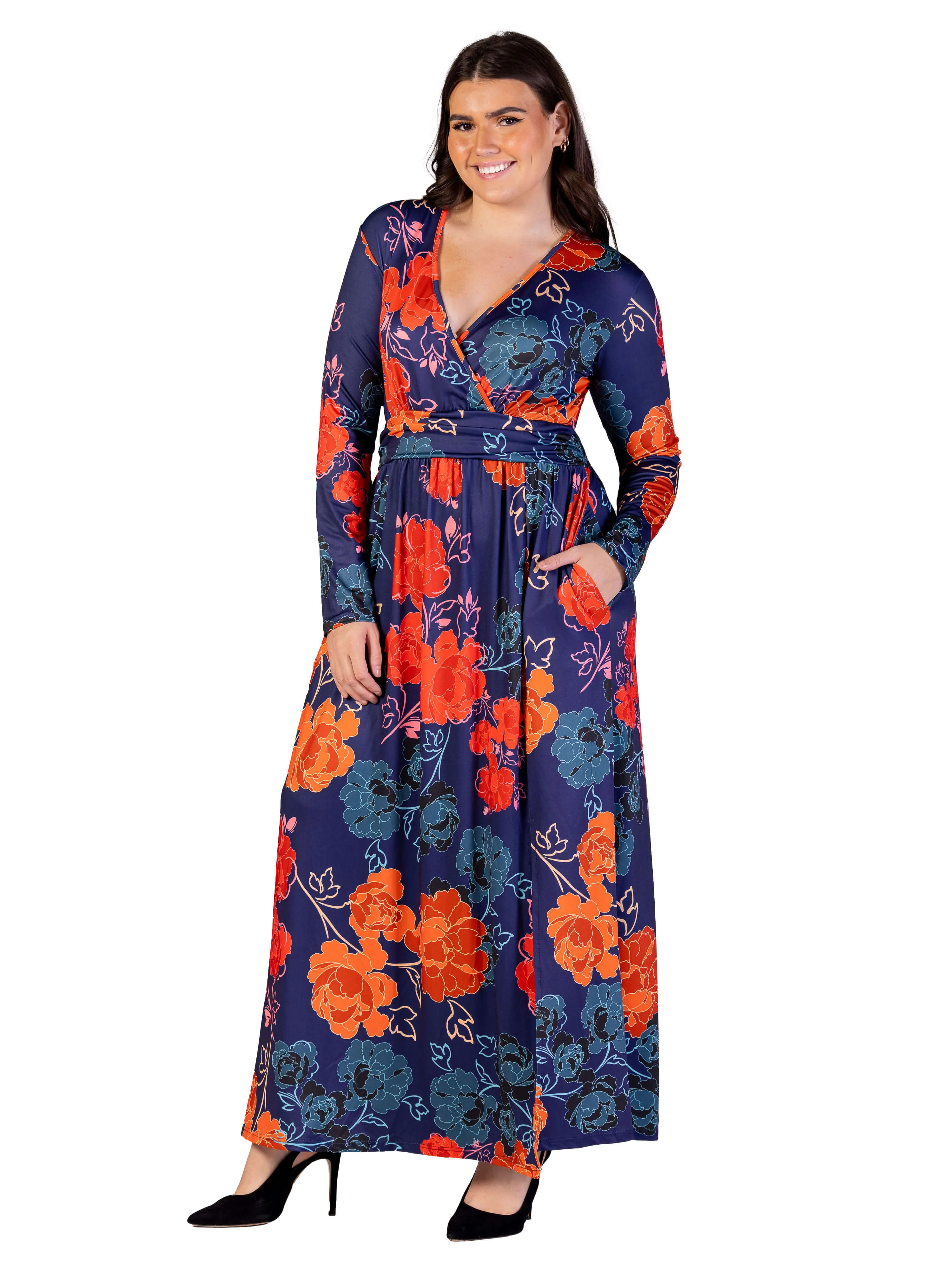 Plus Size Navy Floral Print Long Sleeve Side Slit Maxi Dress
