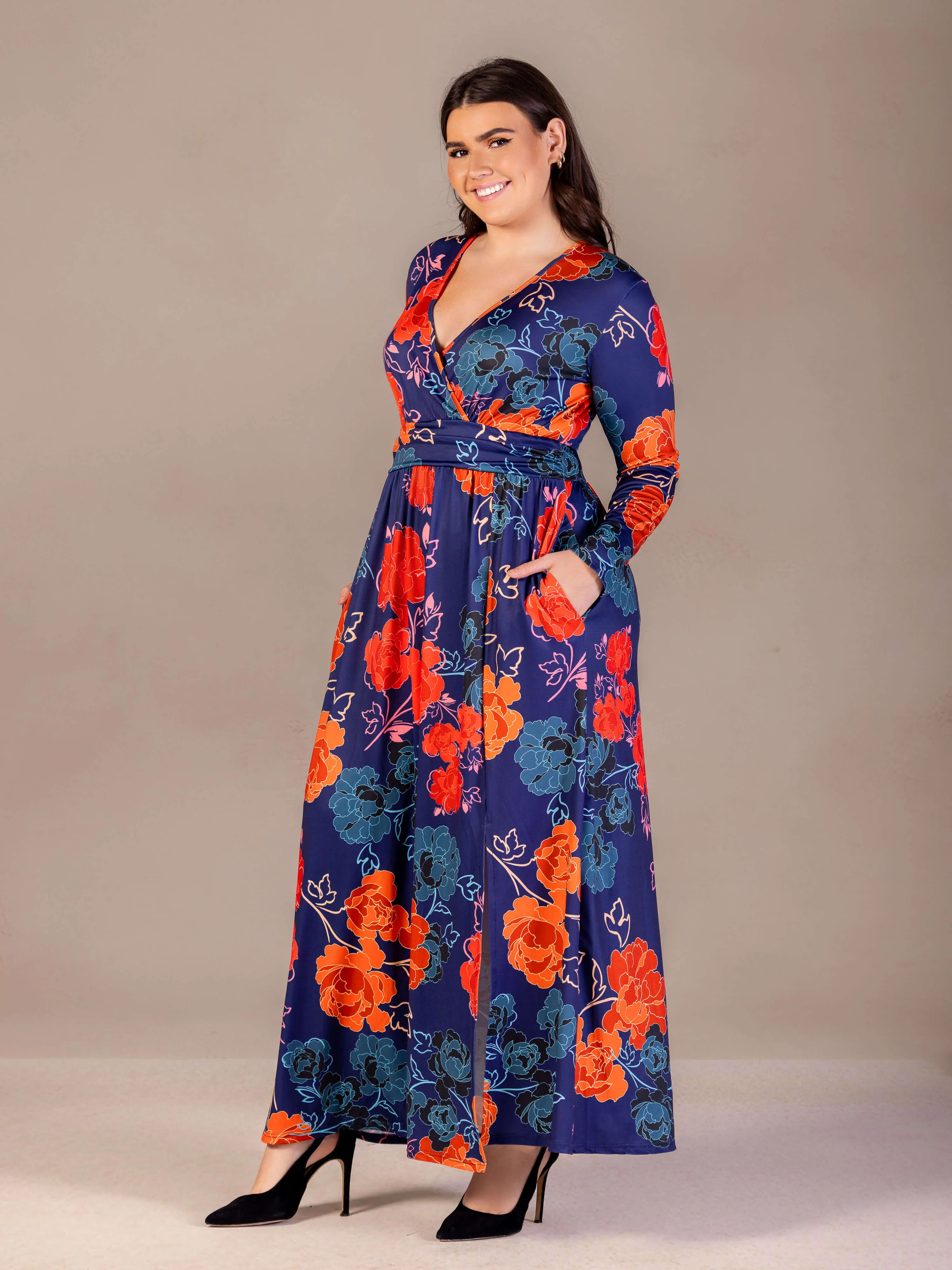 Plus Size Navy Floral Print Long Sleeve Side Slit Maxi Dress