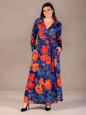 Plus Size Navy Floral Print Long Sleeve Side Slit Maxi Dress