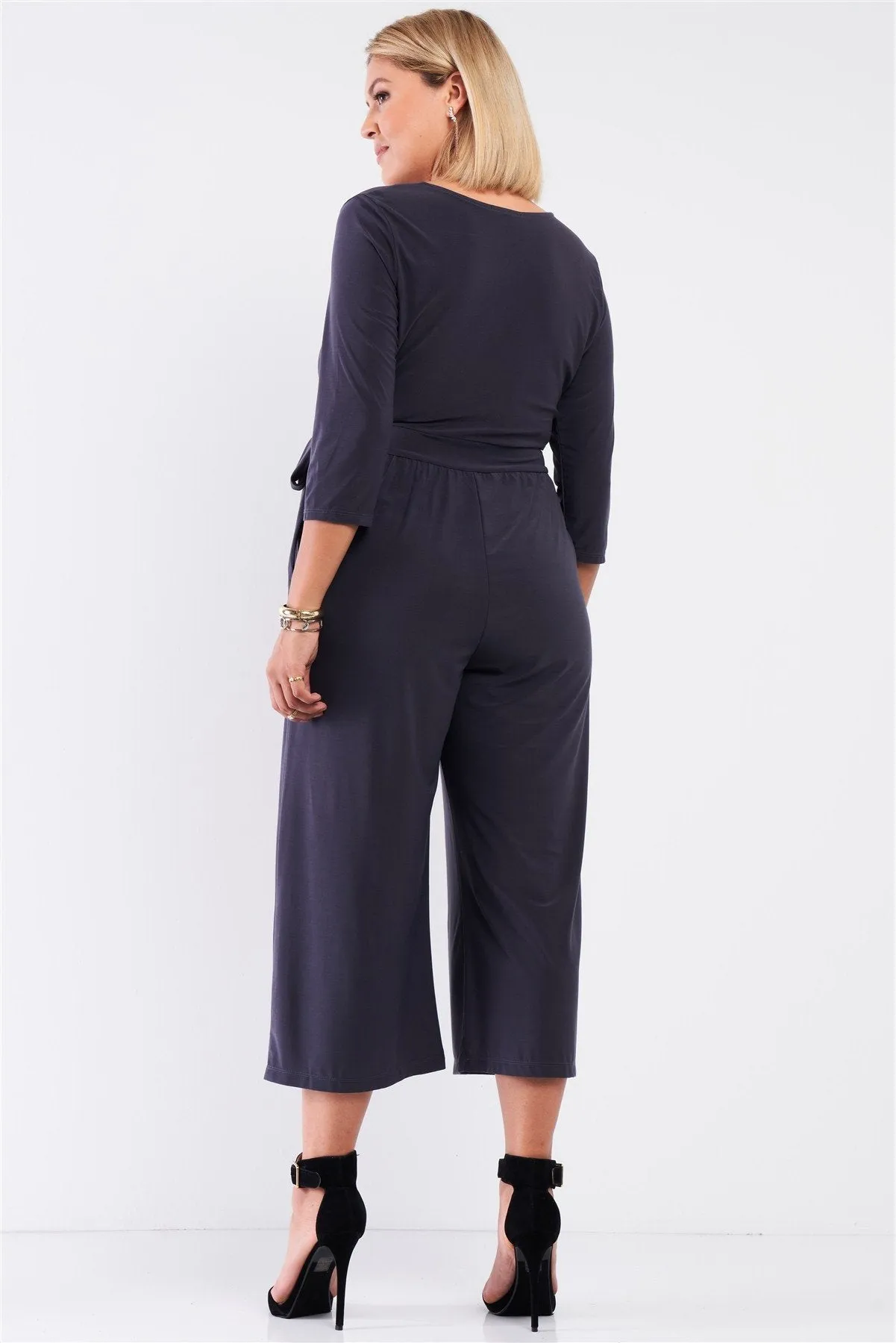 Plus Size Plunging V-neck Wide Leg Midi Jumpsuit