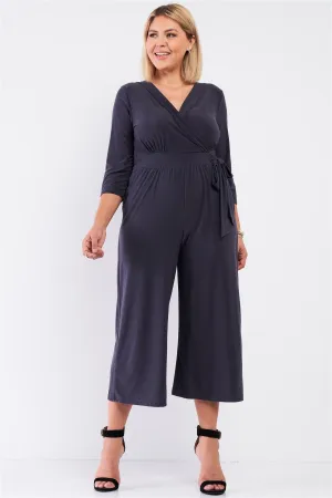 Plus Size Plunging V-neck Wide Leg Midi Jumpsuit
