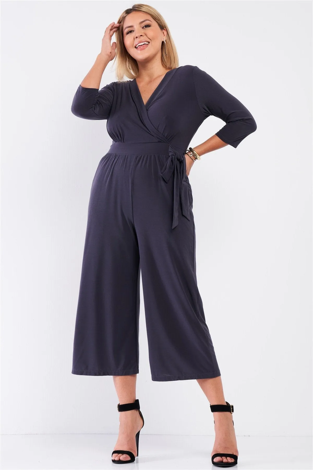 Plus Size Plunging V-neck Wide Leg Midi Jumpsuit