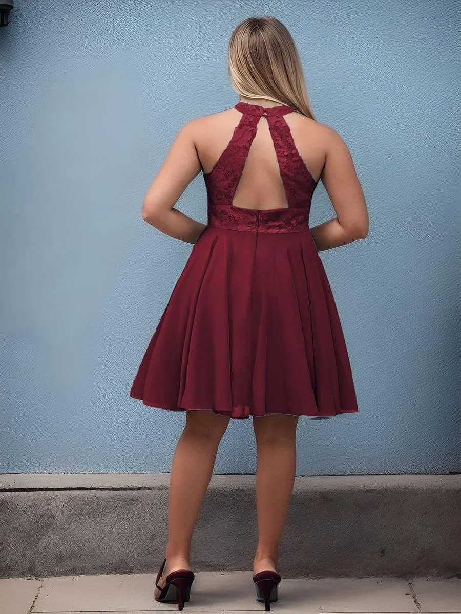 Plus Size Short Lace Halter Neck Backless Chiffon Homecoming Dress