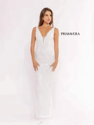 Primavera Couture 3953 Size 4 Ivory Long Beaded Sequin Side Slit Prom Dress Formal Pageant Gown V Neck