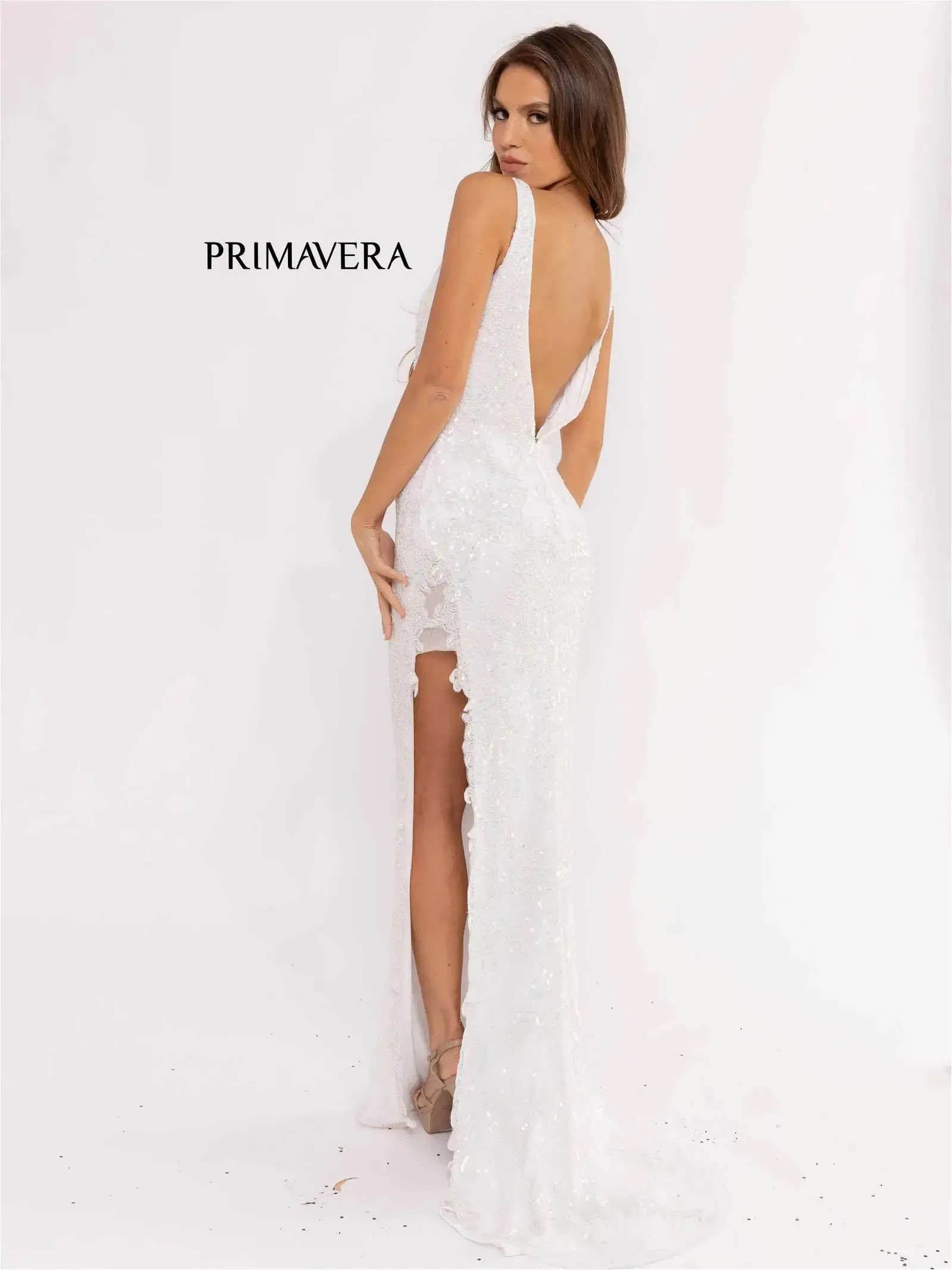 Primavera Couture 3953 Size 4 Ivory Long Beaded Sequin Side Slit Prom Dress Formal Pageant Gown V Neck
