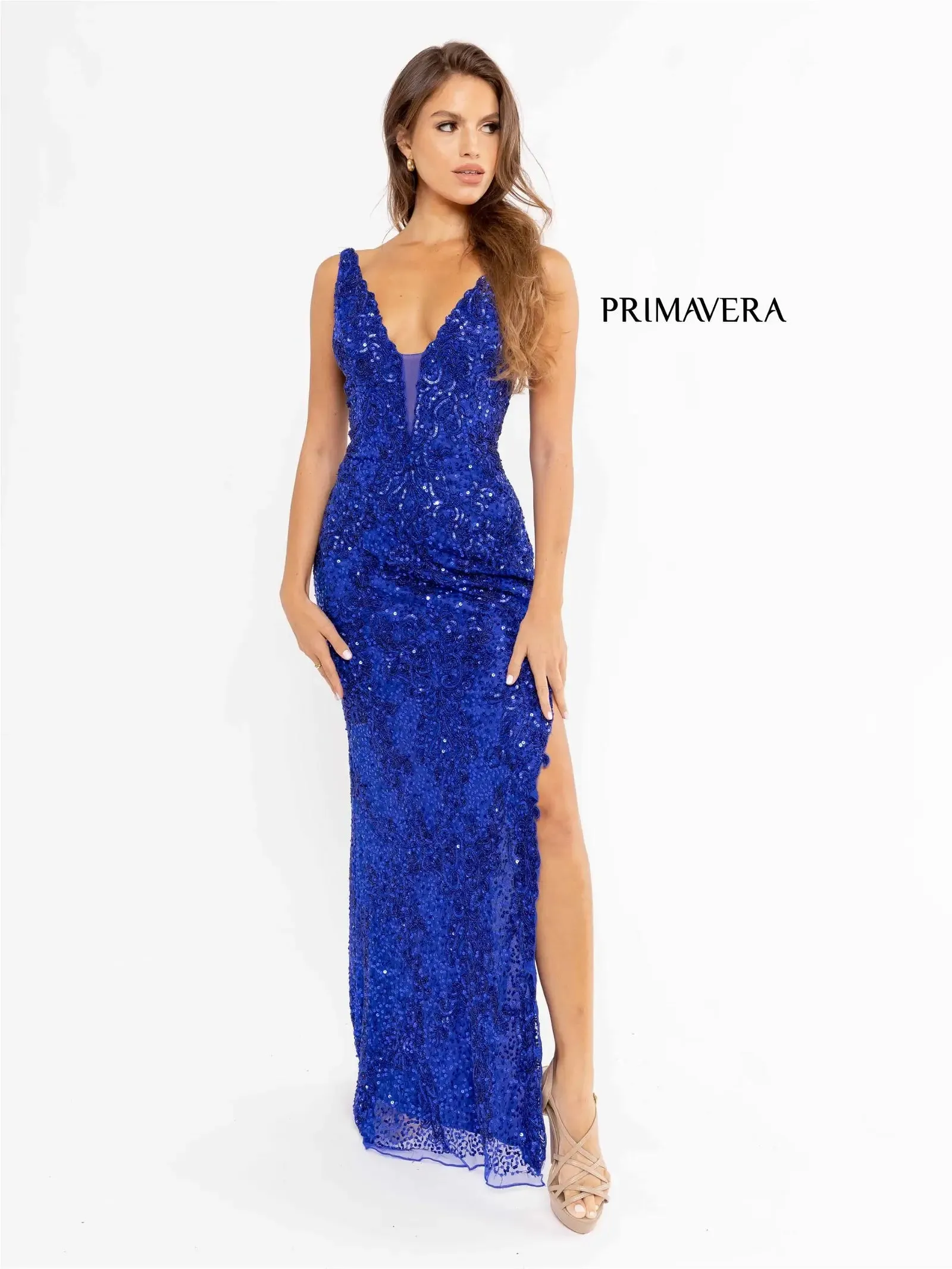 Primavera Couture 3953 Size 4 Ivory Long Beaded Sequin Side Slit Prom Dress Formal Pageant Gown V Neck