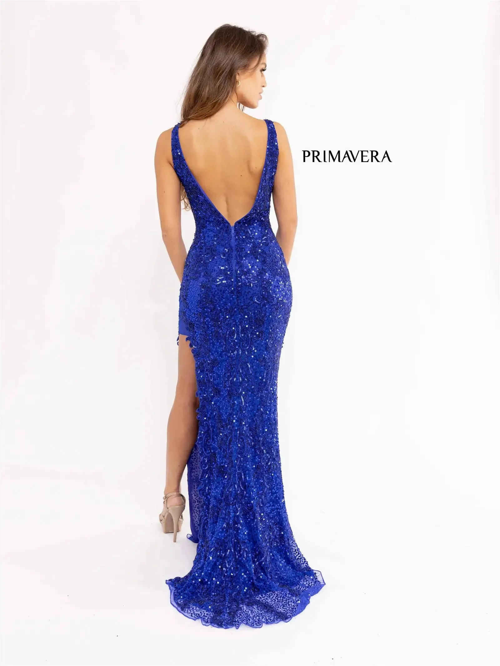 Primavera Couture 3953 Size 4 Ivory Long Beaded Sequin Side Slit Prom Dress Formal Pageant Gown V Neck