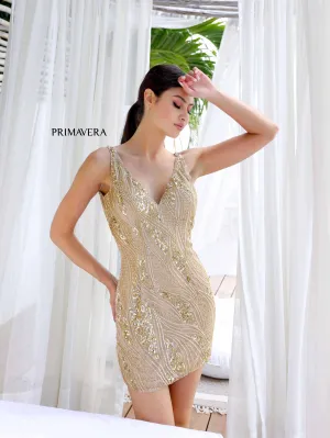 Primavera Couture 4249 Size 6, 16 Gold Short Beaded Cocktail Dress Backless V Neck Homecoming Gown