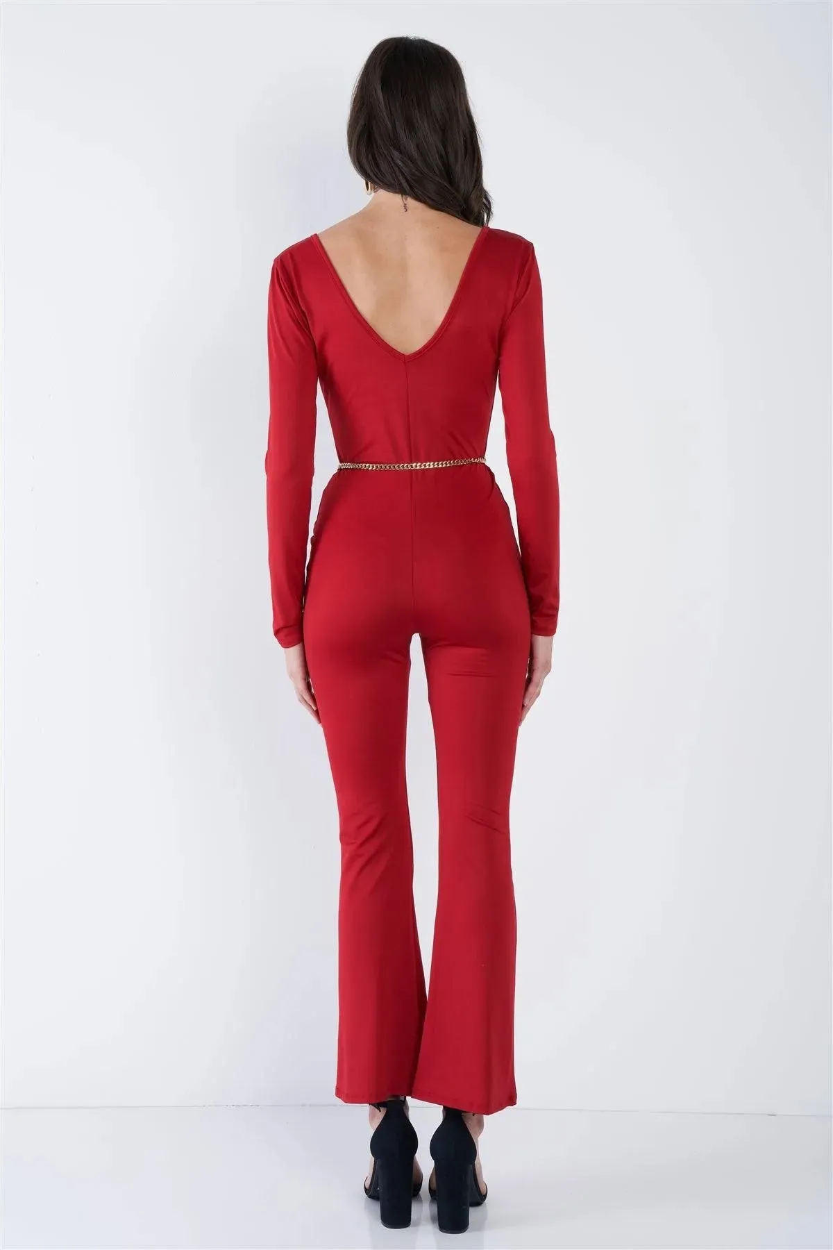 Red V-Neck Back Gold Hardware Keyhole Front Wide Leg Jumpsuit  /2-2-2