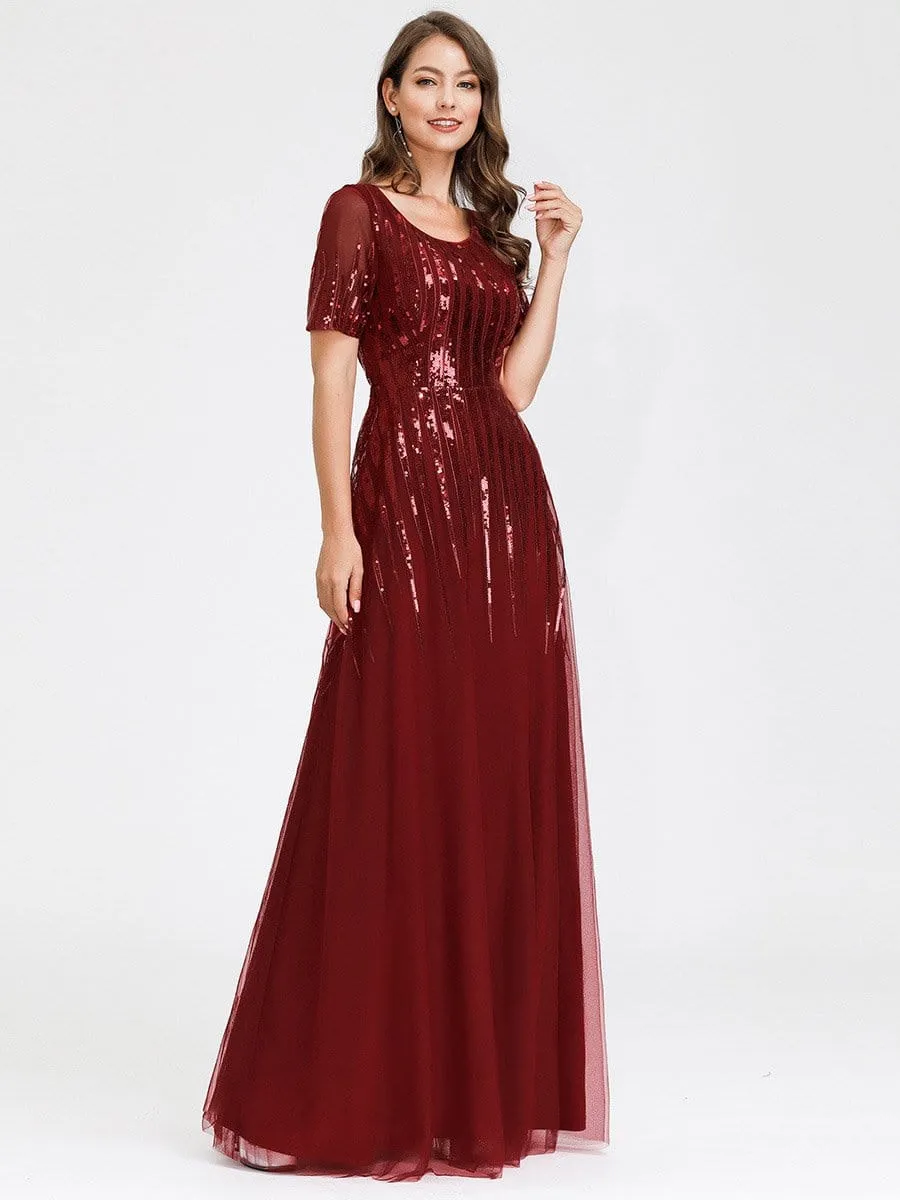 Round Neckline Floor Length Evening Dress with Short Sleeve