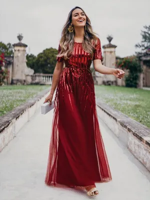 Round Neckline Floor Length Evening Dress with Short Sleeve