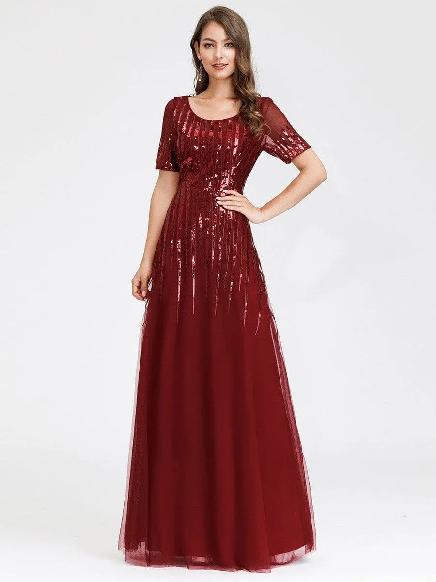Round Neckline Floor Length Evening Dress with Short Sleeve