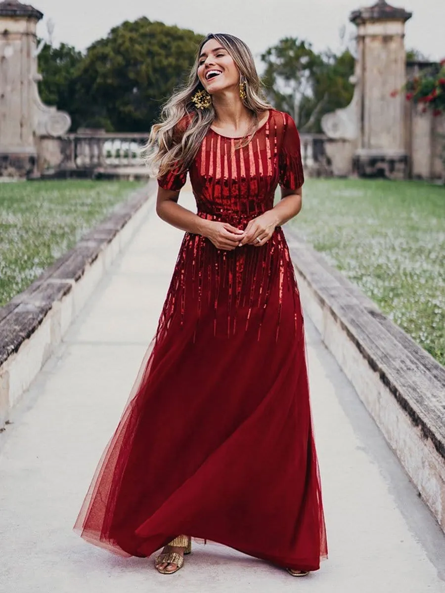 Round Neckline Floor Length Evening Dress with Short Sleeve