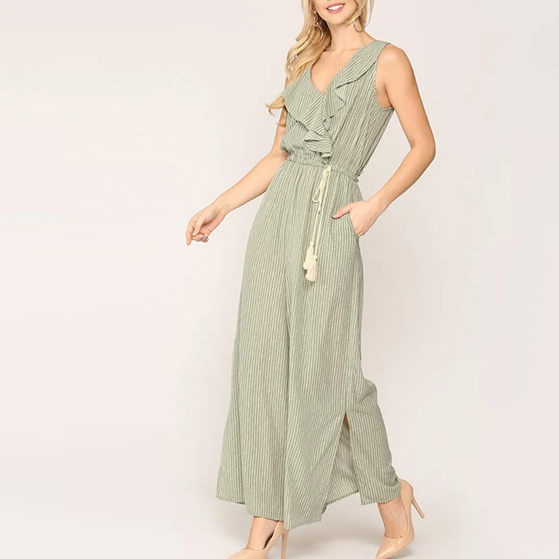 Ruffled V-Neck Sleeveless Jumpsuit