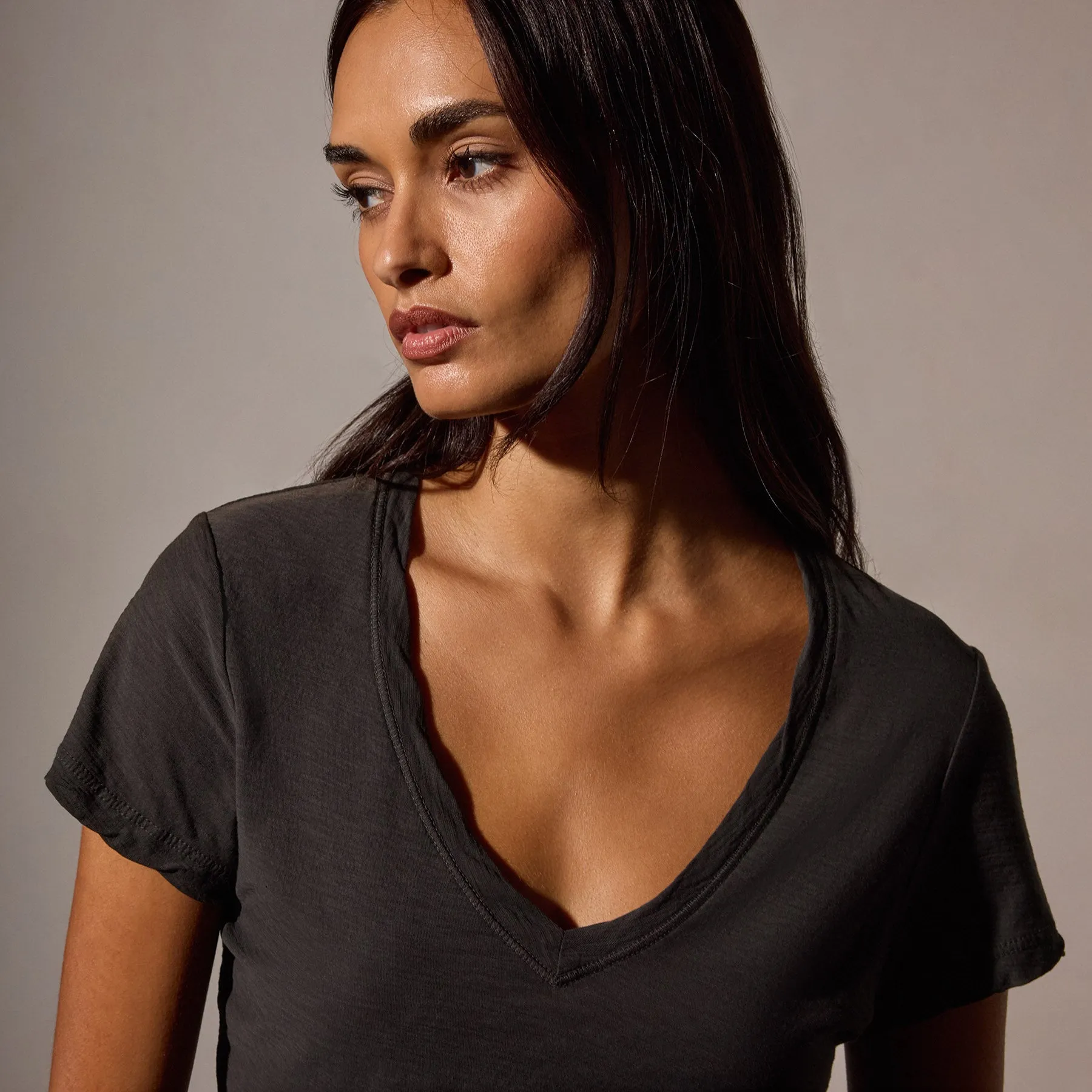 Sheer Slub Casual V Neck - Carbon