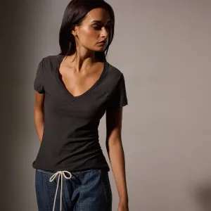 Sheer Slub Casual V Neck - Carbon