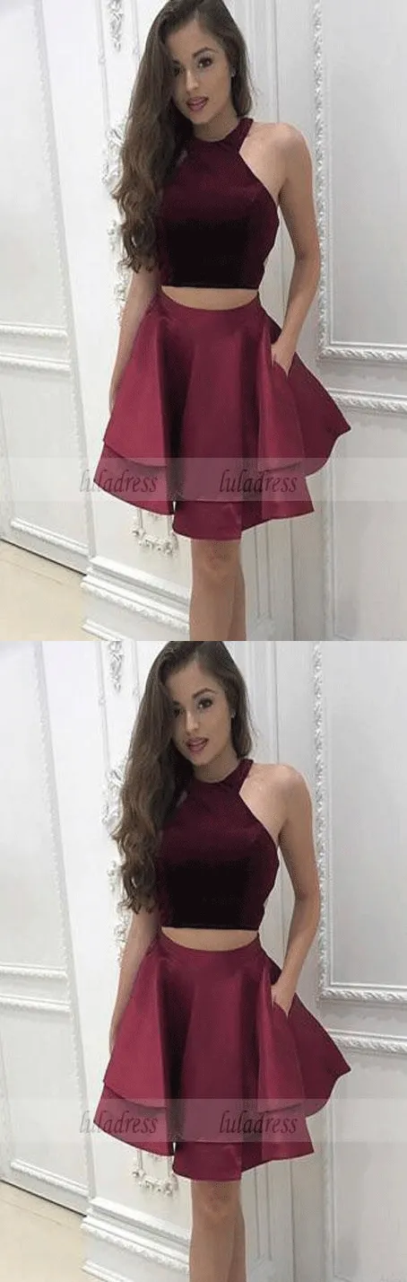 Short Homecoming Dresses Halter Neck Cap Sleeves Pleats A-line Satin Graduation Sexy Cocktail Party Gowns
