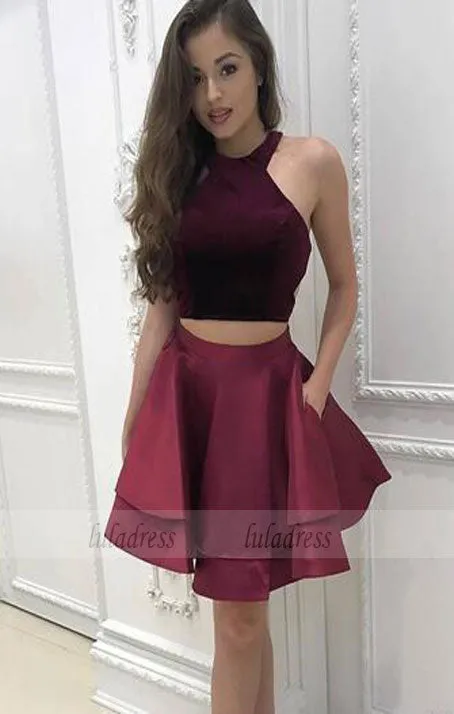 Short Homecoming Dresses Halter Neck Cap Sleeves Pleats A-line Satin Graduation Sexy Cocktail Party Gowns