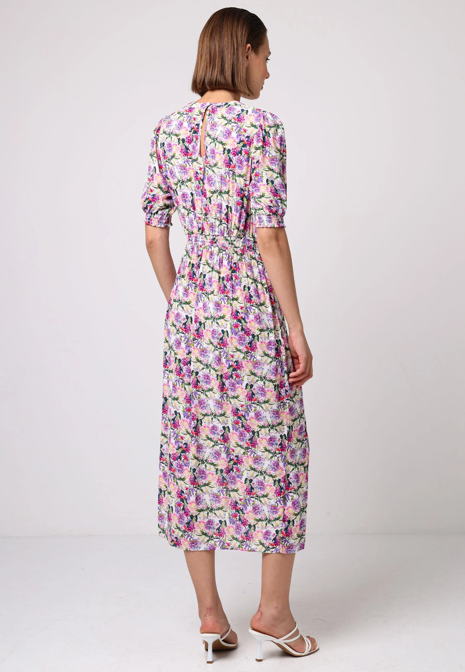 Short Sleeve Midi Dress With Leg Slit In Pink Floral Print