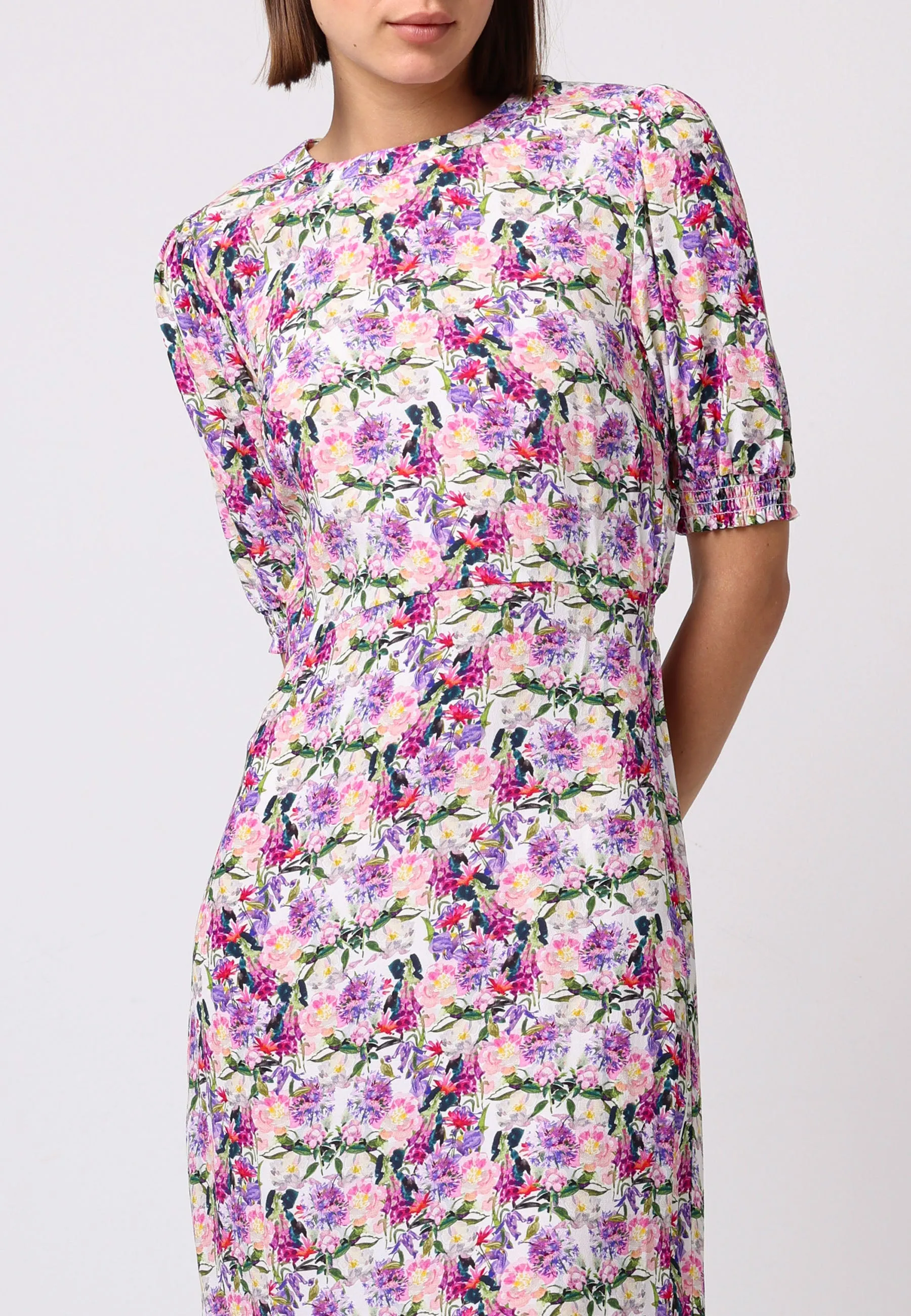 Short Sleeve Midi Dress With Leg Slit In Pink Floral Print