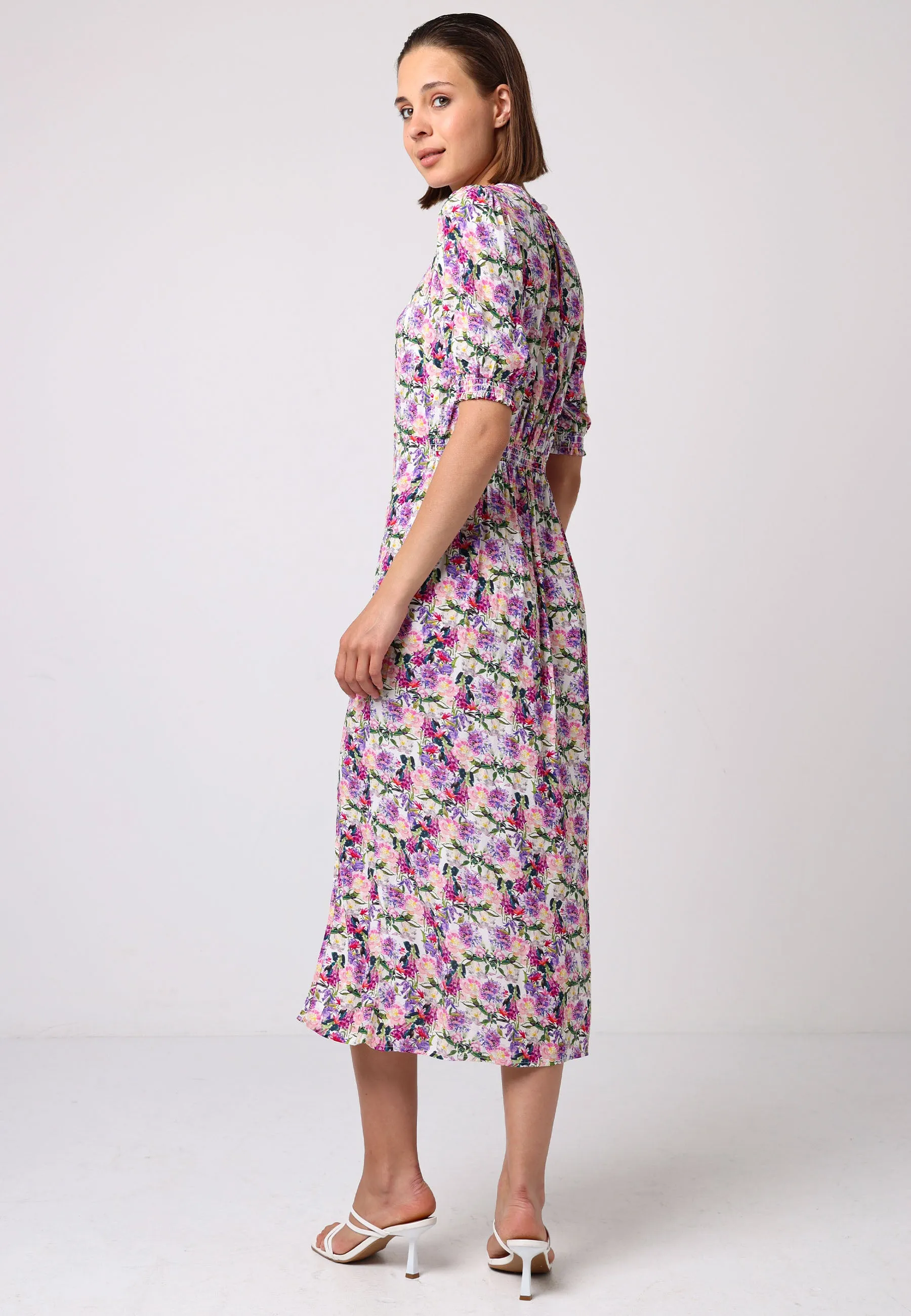 Short Sleeve Midi Dress With Leg Slit In Pink Floral Print