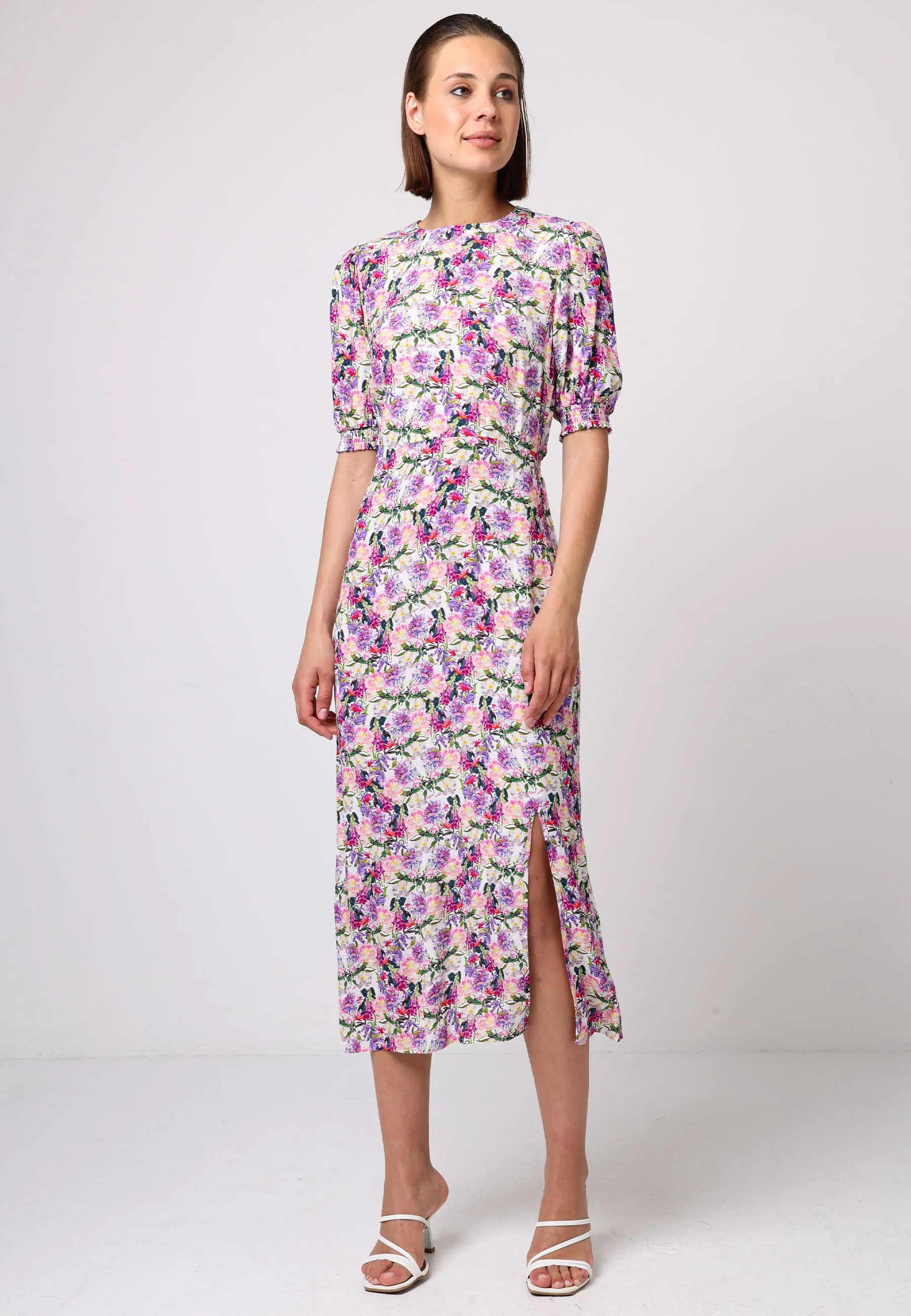 Short Sleeve Midi Dress With Leg Slit In Pink Floral Print
