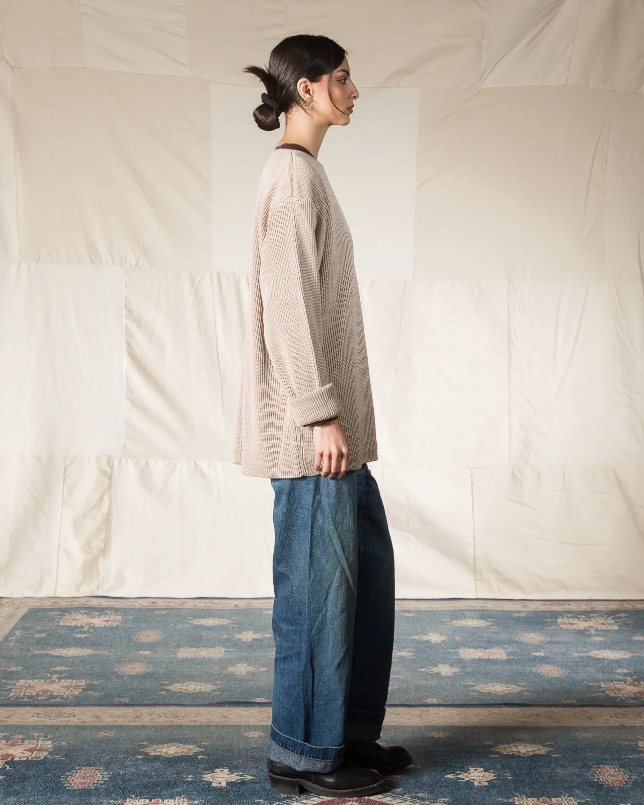 Silk Hand Knitting Heavyweight Rib Pullover - Beige 8