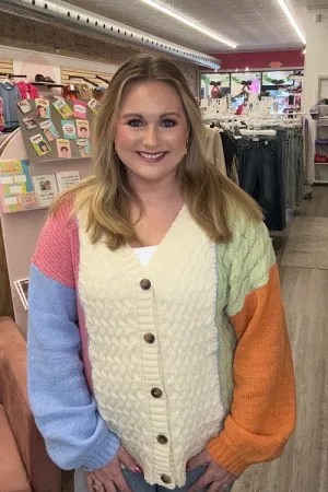 Stallan - Button Down Color Block Sweater Cardigan