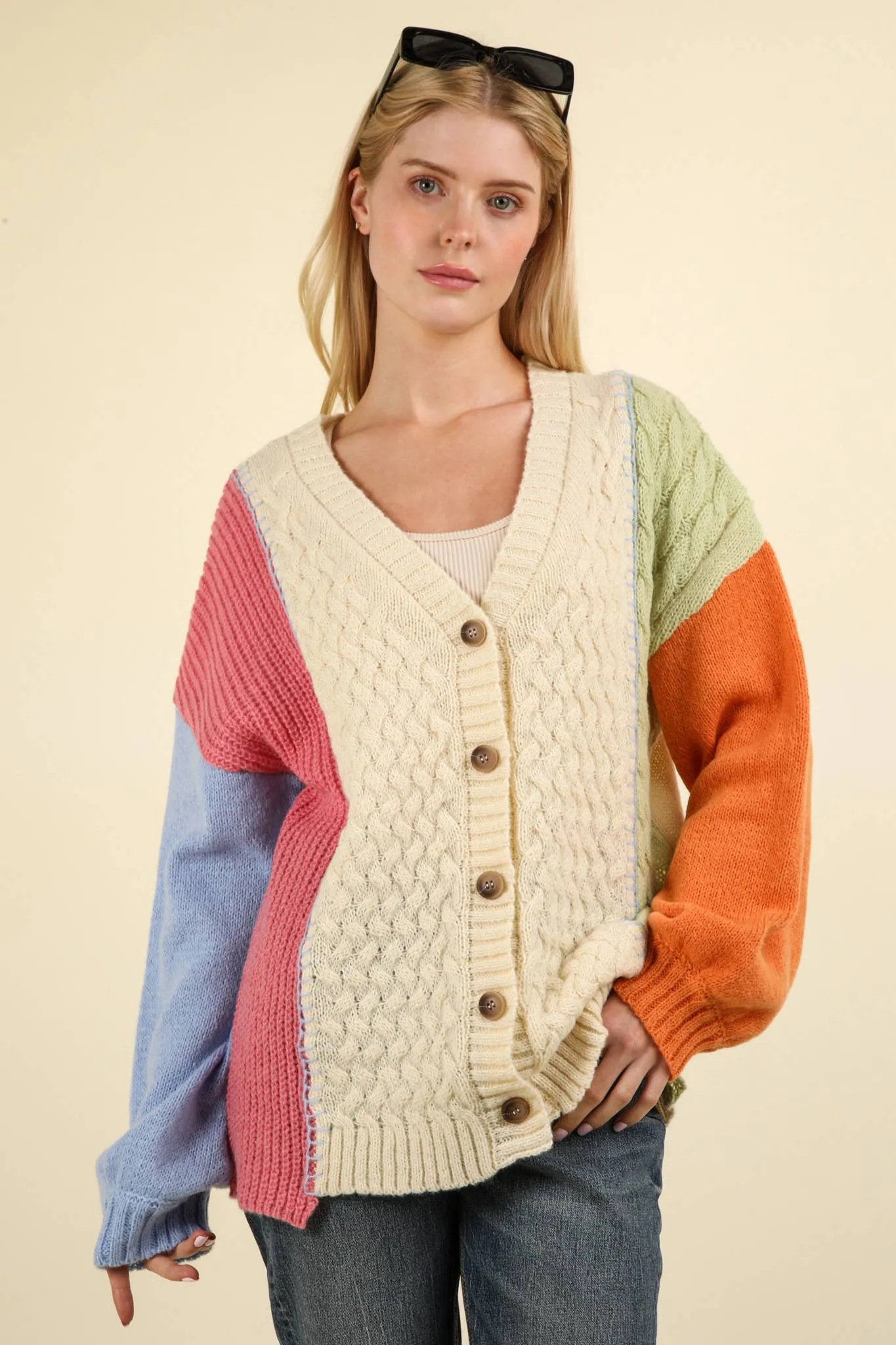 Stallan - Button Down Color Block Sweater Cardigan