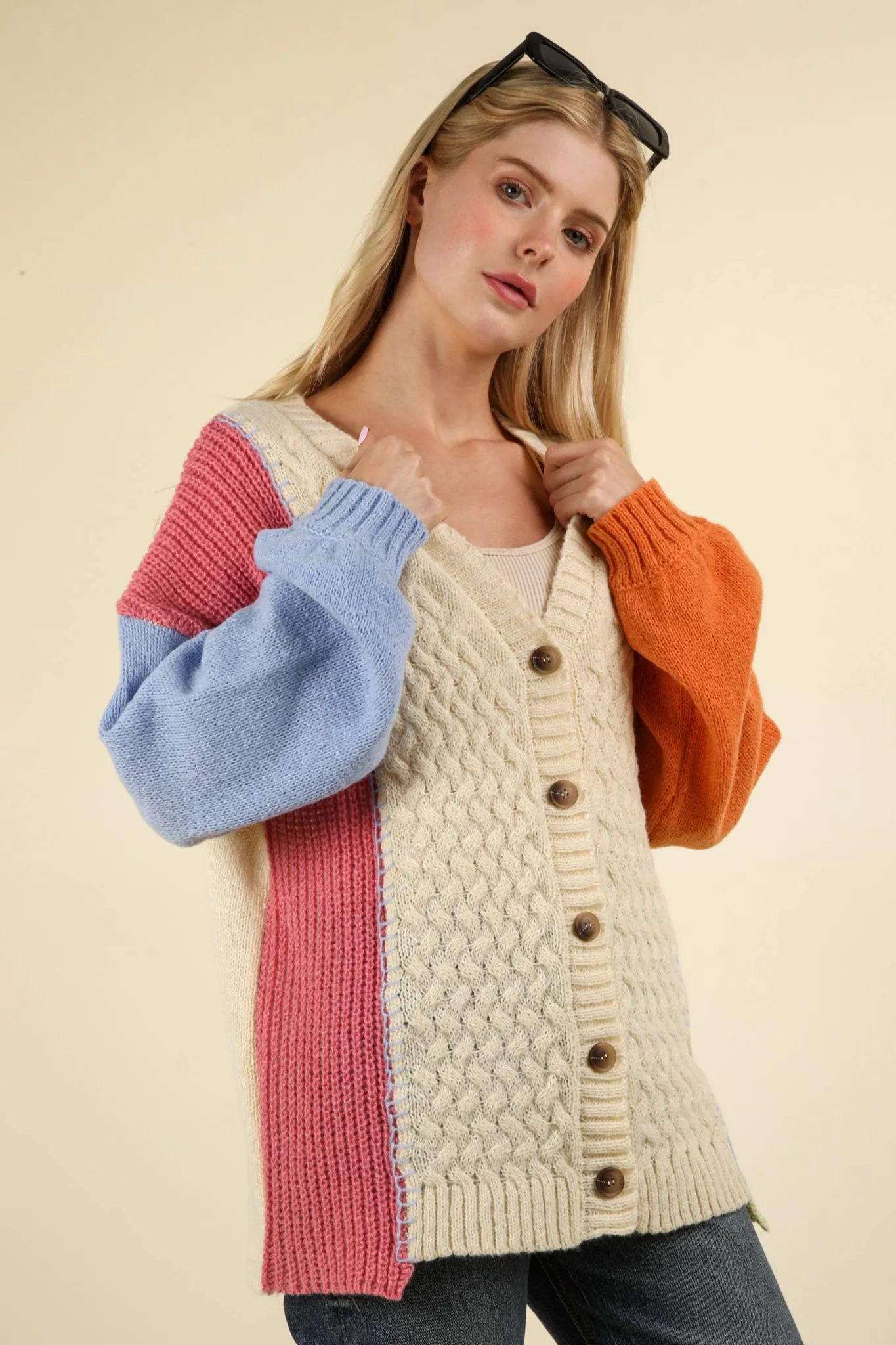 Stallan - Button Down Color Block Sweater Cardigan