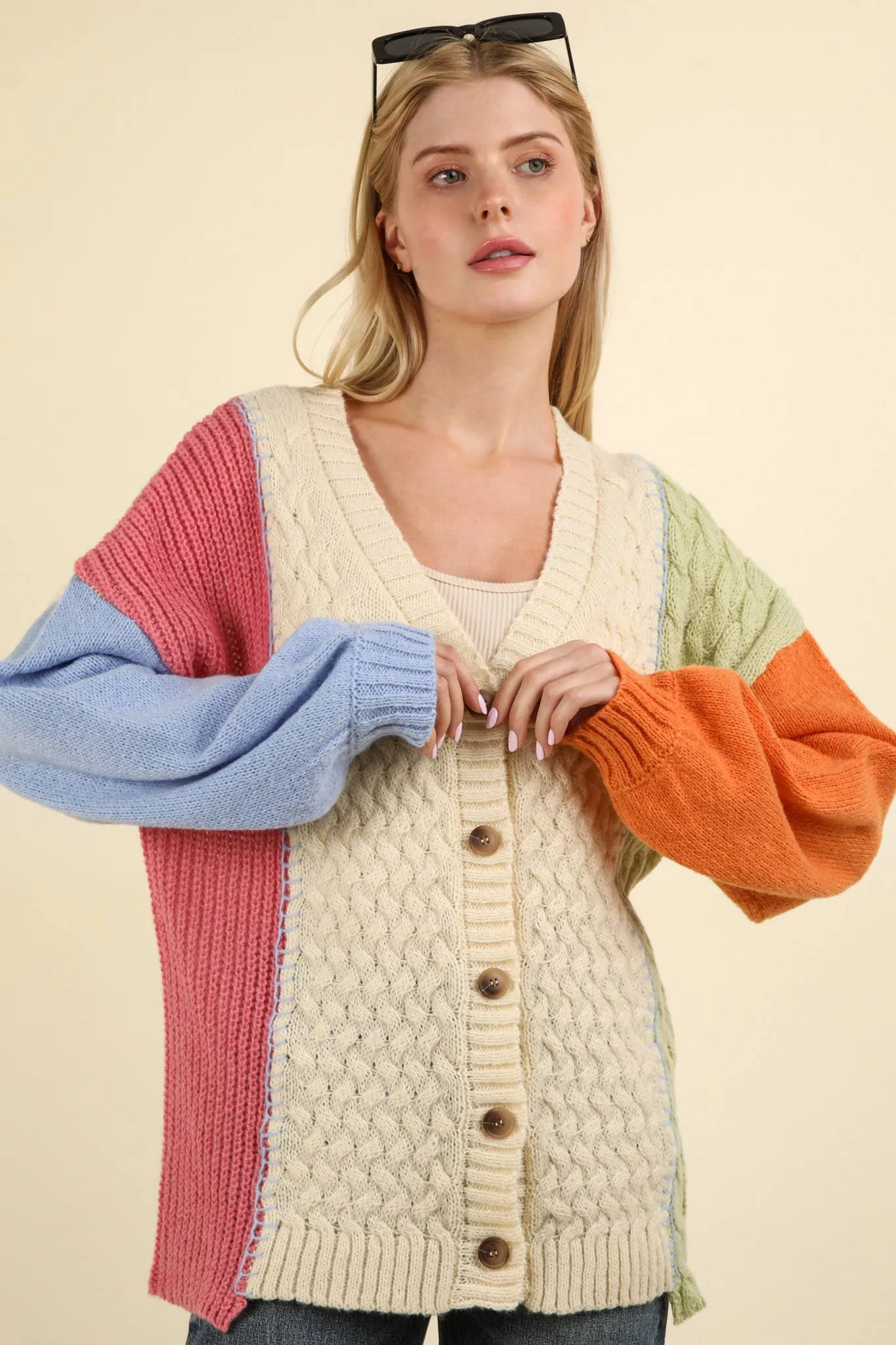 Stallan - Button Down Color Block Sweater Cardigan
