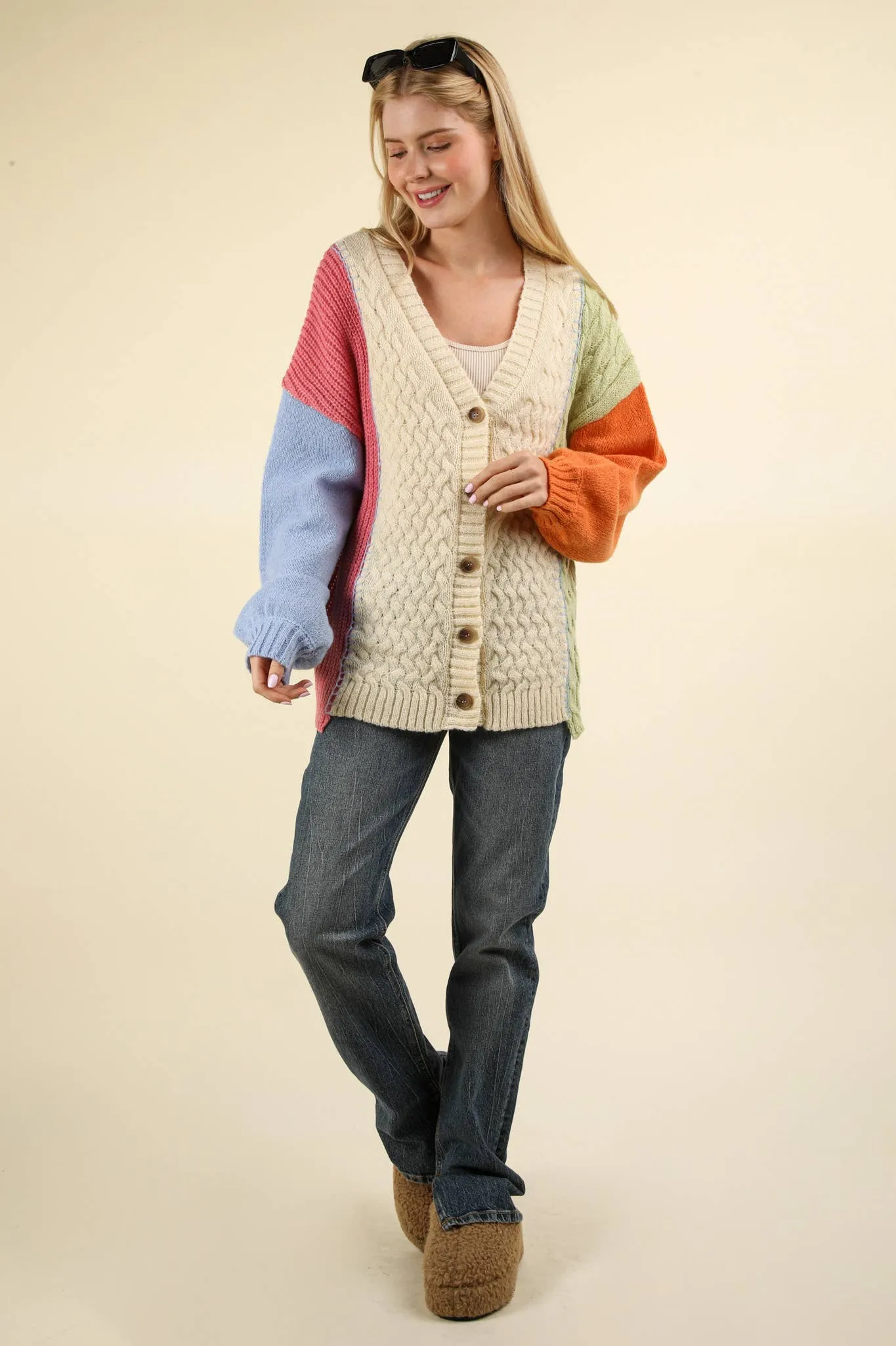 Stallan - Button Down Color Block Sweater Cardigan