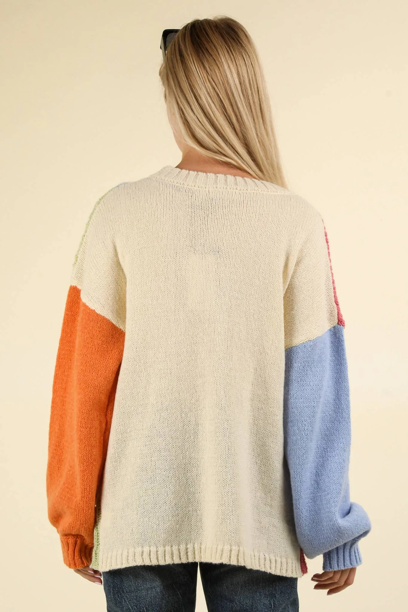 Stallan - Button Down Color Block Sweater Cardigan