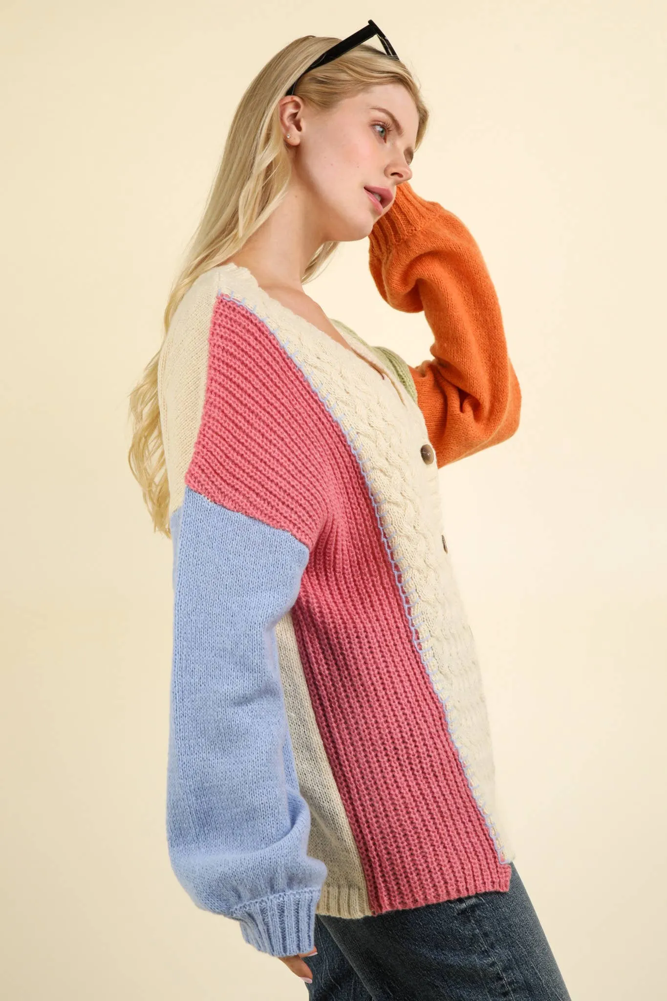Stallan - Button Down Color Block Sweater Cardigan