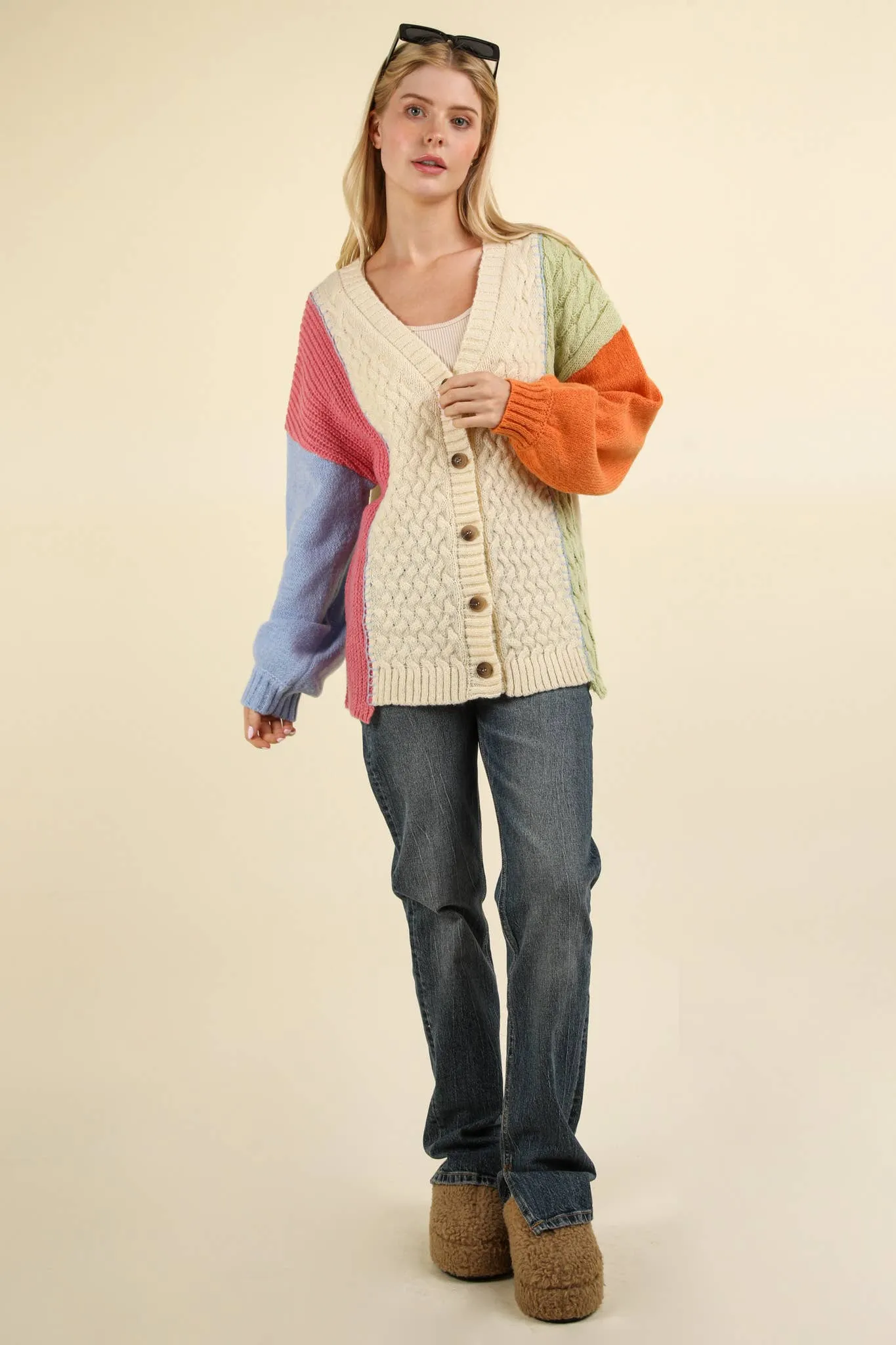 Stallan - Button Down Color Block Sweater Cardigan