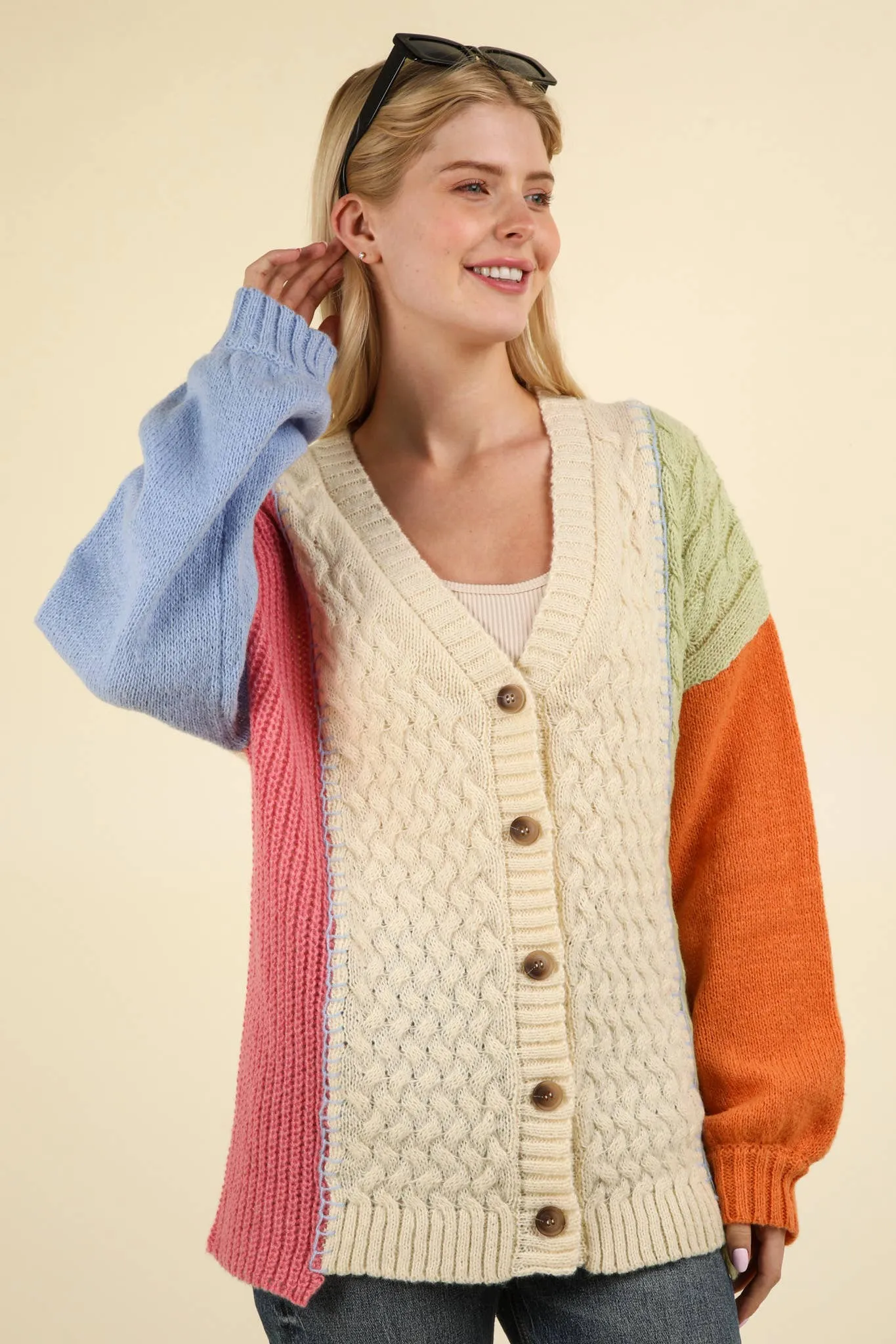 Stallan - Button Down Color Block Sweater Cardigan