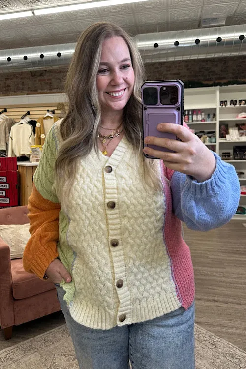 Stallan - Button Down Color Block Sweater Cardigan