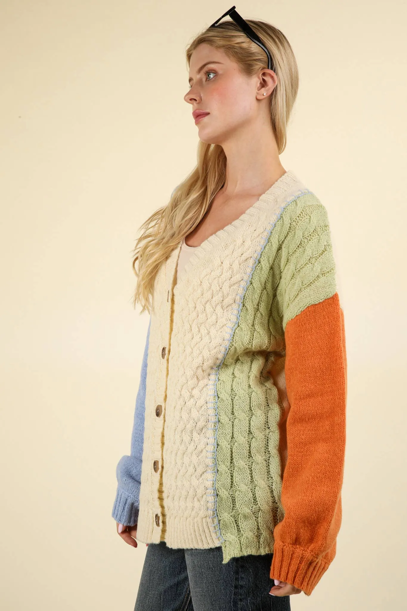 Stallan - Button Down Color Block Sweater Cardigan