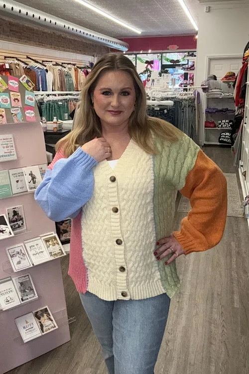 Stallan - Button Down Color Block Sweater Cardigan