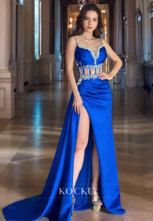Sweetheart Sheath Spaghetti Straps Prom Dress High Slit Train Stripe Satin Party Dress with Beads