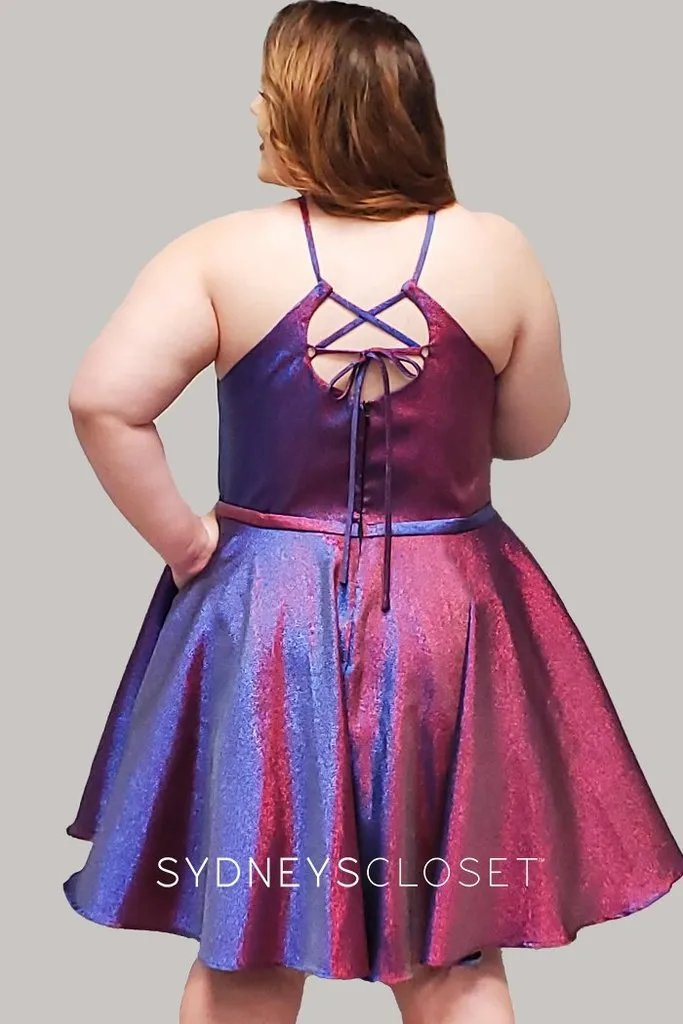 Sydney's Closet 8103 sz 14 Prism Cocktail Dress Plus Sized Short Flare Metallic High Neck Pockets