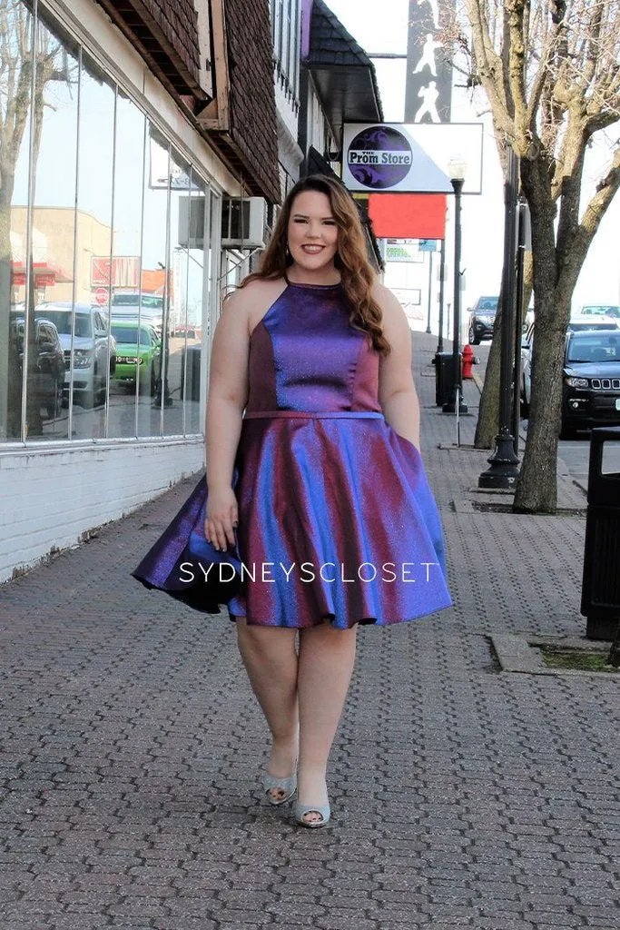 Sydney's Closet 8103 sz 14 Prism Cocktail Dress Plus Sized Short Flare Metallic High Neck Pockets