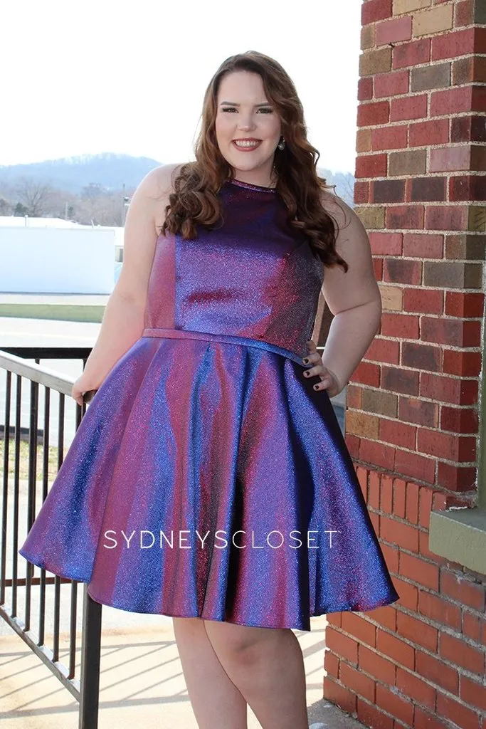 Sydney's Closet 8103 sz 14 Prism Cocktail Dress Plus Sized Short Flare Metallic High Neck Pockets