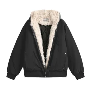 Technical fabric quilted jacket with fur trim