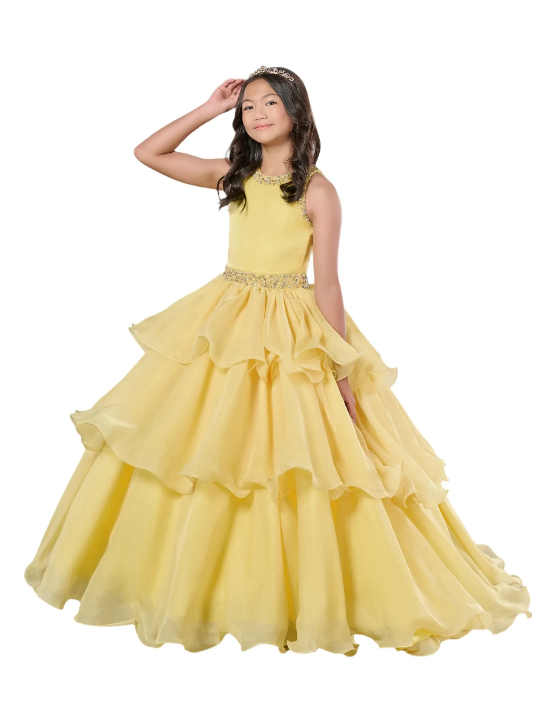 Tiffany Princess 13787 Ruffle Layer Girls Pageant Dress Backless High Neck Crystal Neckline