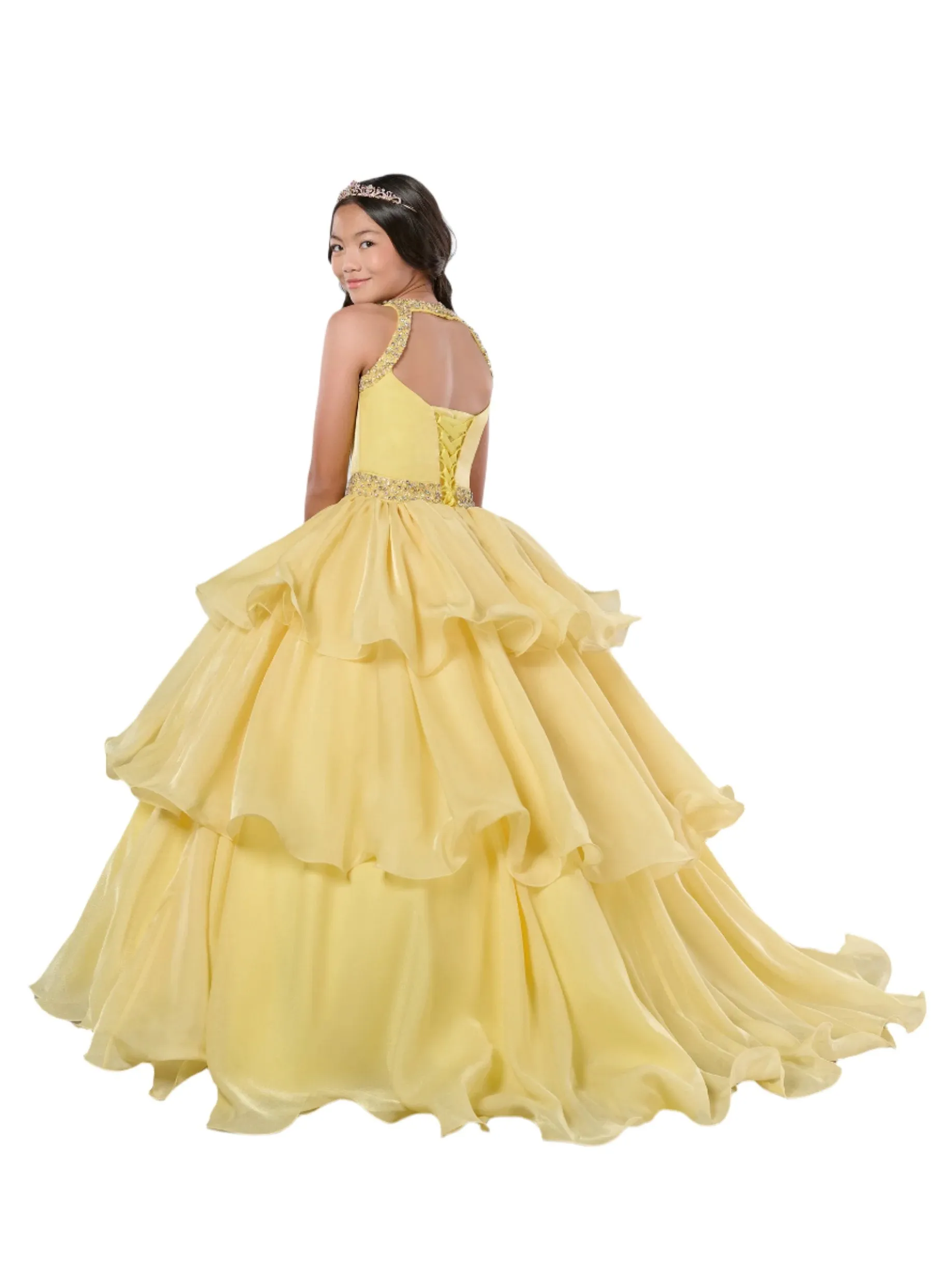 Tiffany Princess 13787 Ruffle Layer Girls Pageant Dress Backless High Neck Crystal Neckline