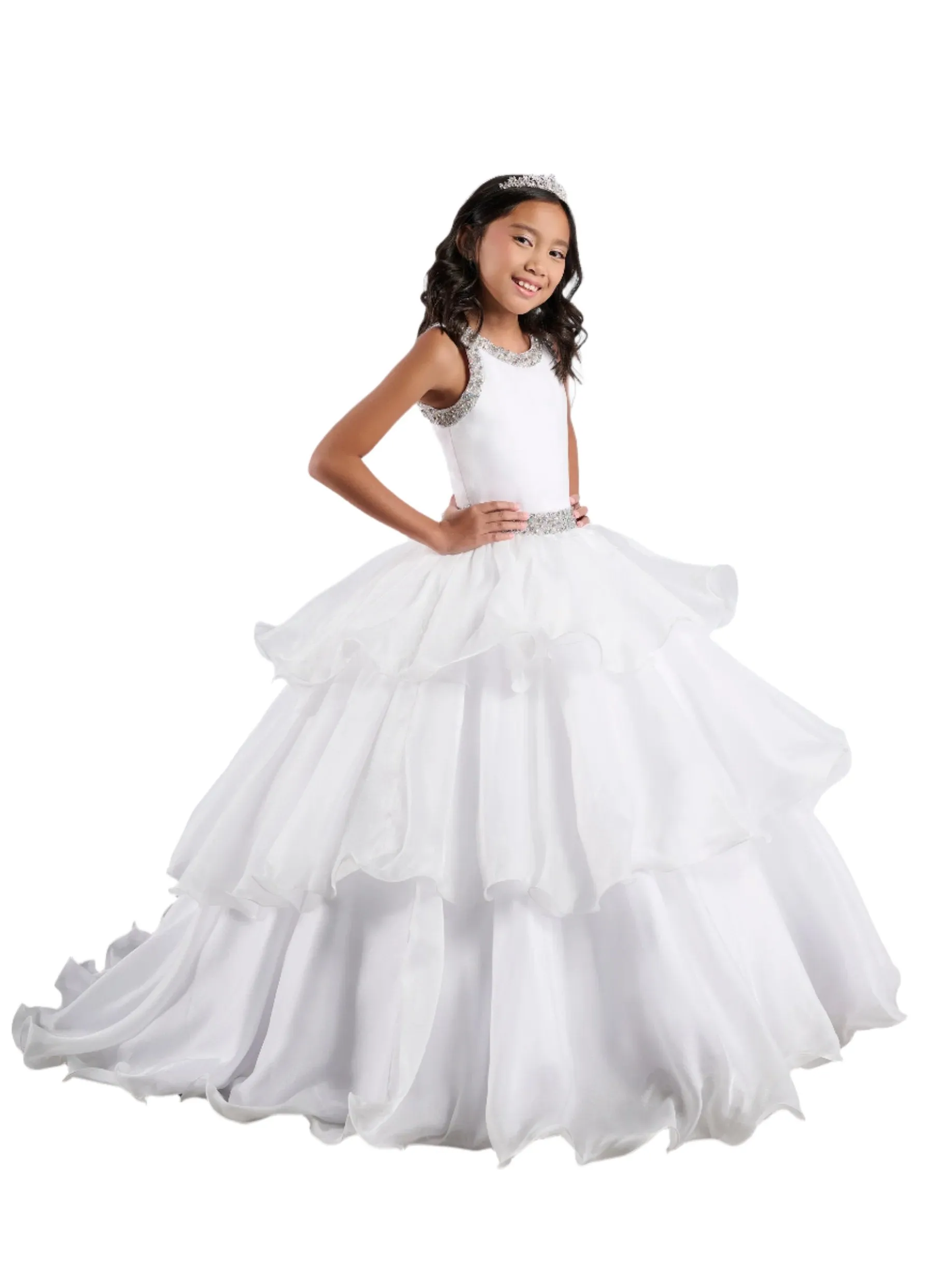Tiffany Princess 13787 Ruffle Layer Girls Pageant Dress Backless High Neck Crystal Neckline